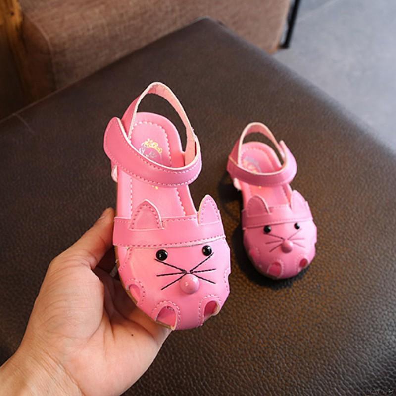 Giày sandal tập đi bằng da PU , họa tiết mèo cho bé gái