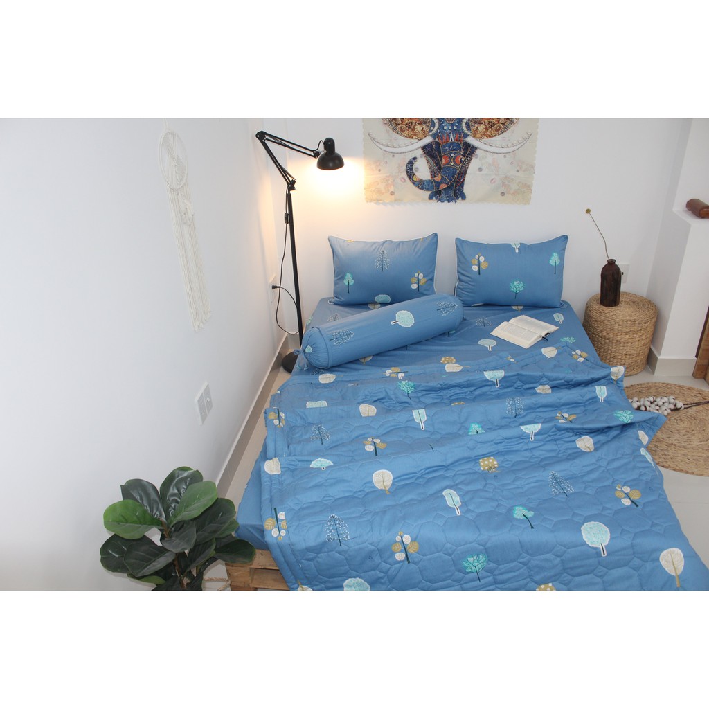 Bộ drap gối 4 món 100% cotton thiên nhiên Kha Ly- Cây xanh
