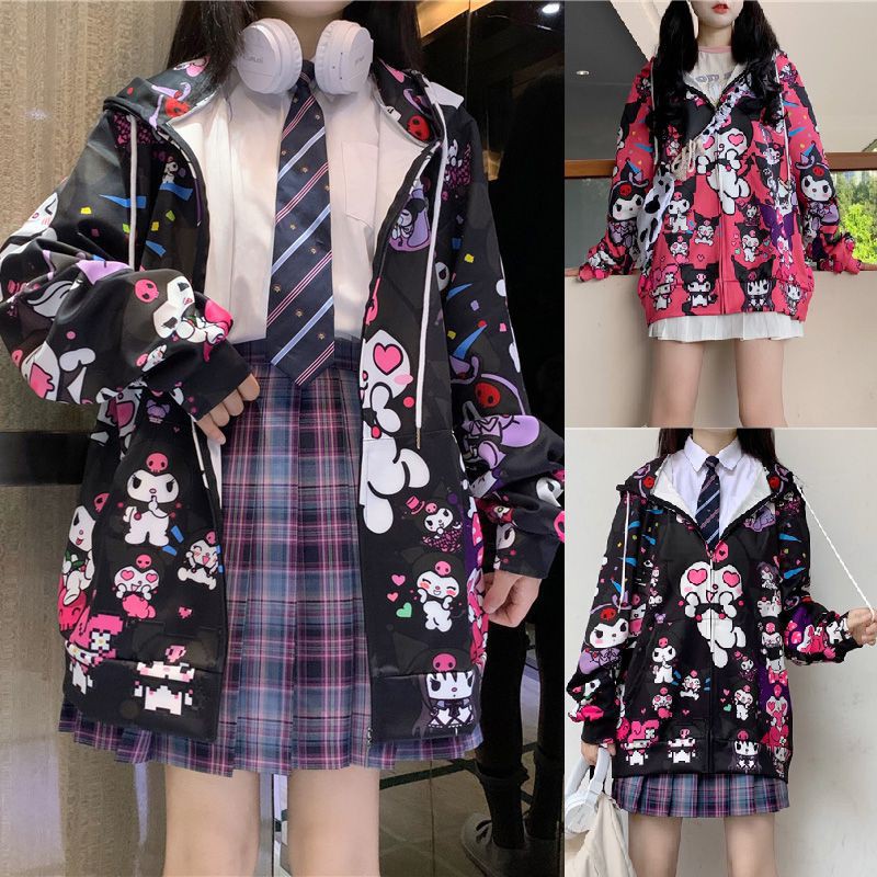 Áo hoodie cardigan &amp; túi xách Kuromi Harajuku cho nữ