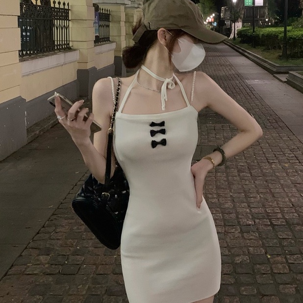 Đầm Hai Dây Ngắn Ôm Hông Đính Nơ Gợi Cảm 【ZHELIHANGFEI】