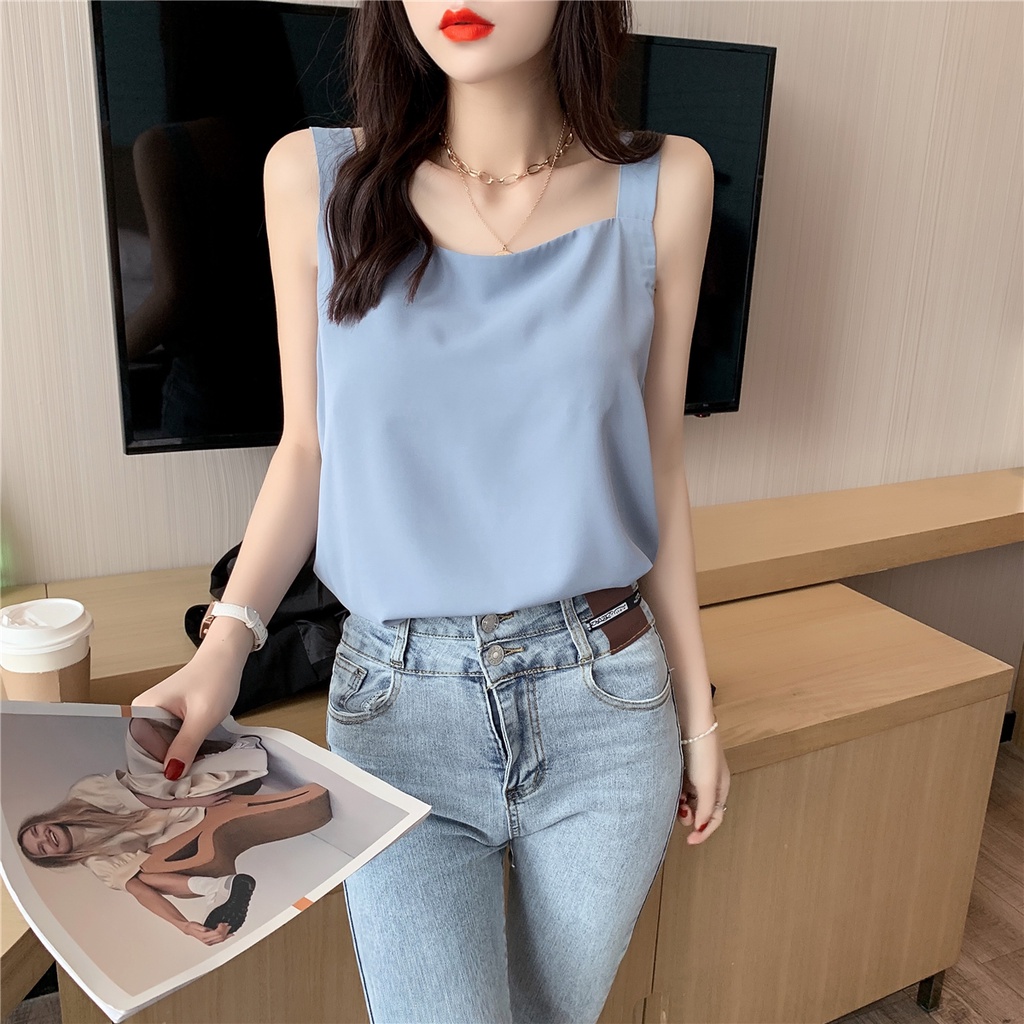 Áo Voan Hai Dây Cổ Vuông Dáng Rộng Màu Trắng Đen Thời Trang Mùa Hè Cho Nữ