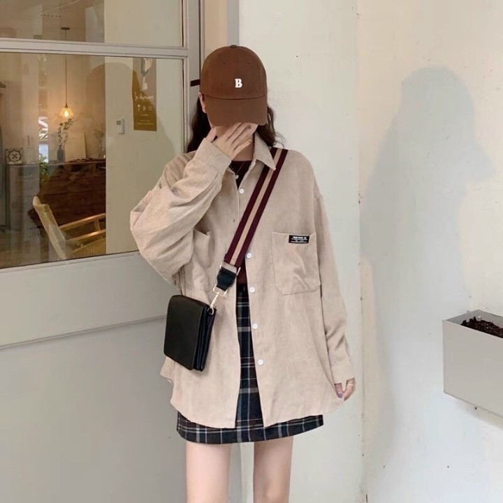 Áo khoác nhung tăm unisex form rộng phong cách sơ mi ulzzang street style nam nữ AKSMN01 LECHAU rẻ đẹp chất
