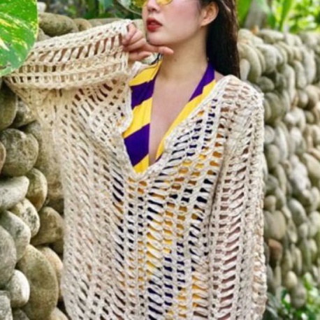 [HÀNG MỸ SĂN SALE] Áo ren xuyên thấu ADRIENNE VITTADINI cổ tròn tay dài thêu hoa màu be | BigBuy360 - bigbuy360.vn