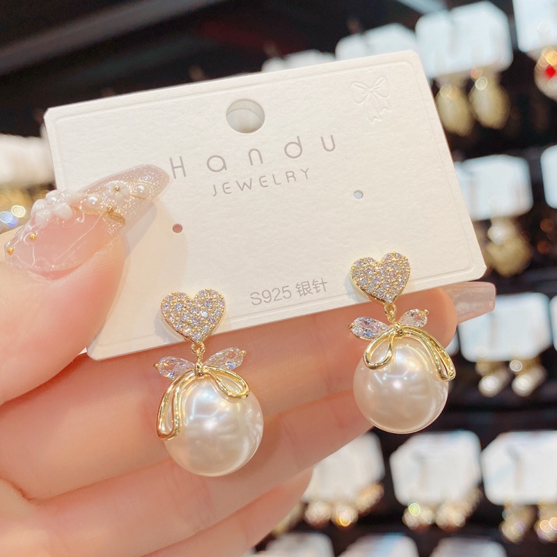 Khuyên Tai Bạc S925 Đính Đá Hình Trái Tim/Nơ Phong Cách Thời Trang Hàn Quốc