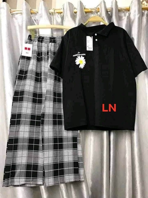 Sét polo hoa cúc tia sét+ quần kẻ LN12