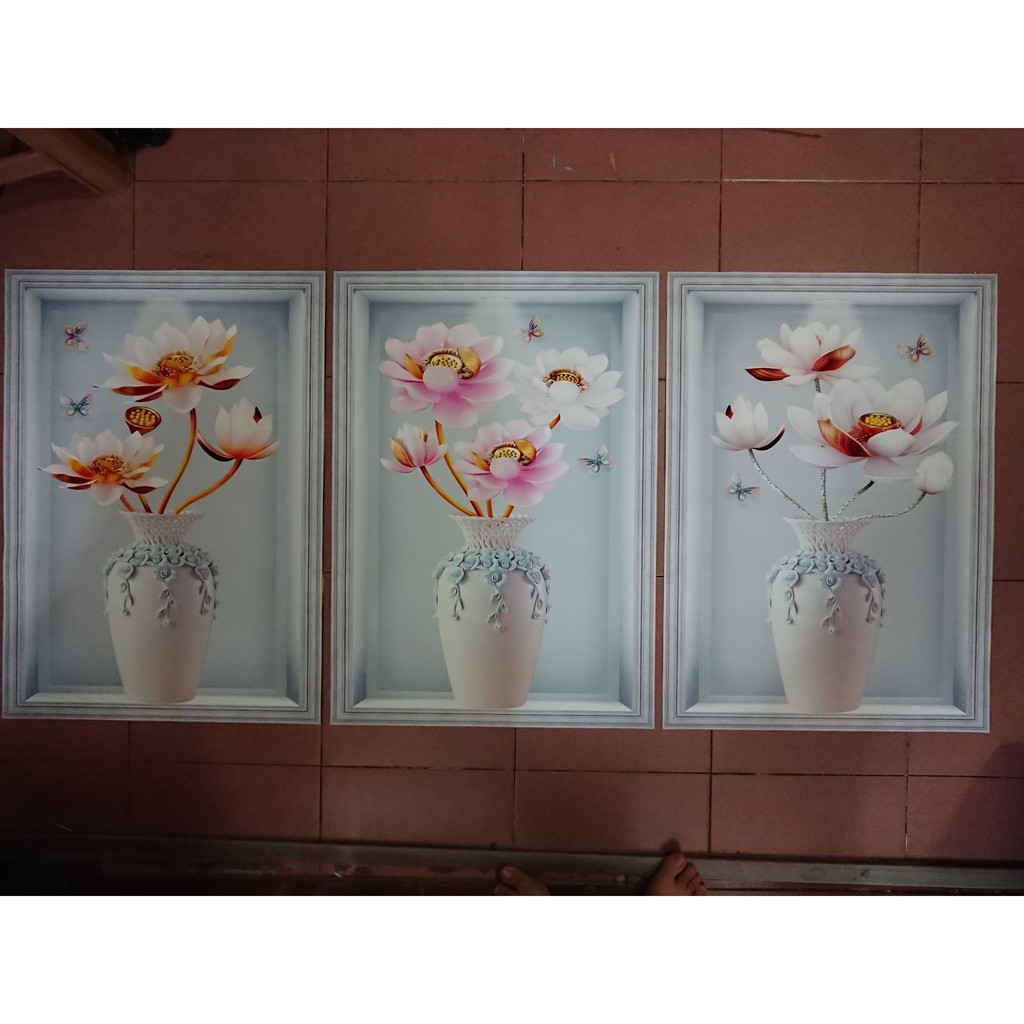 Bộ 3 tranh dán tường HD Bình hoa sen ngọc HBinh_3D_020 Kim sa