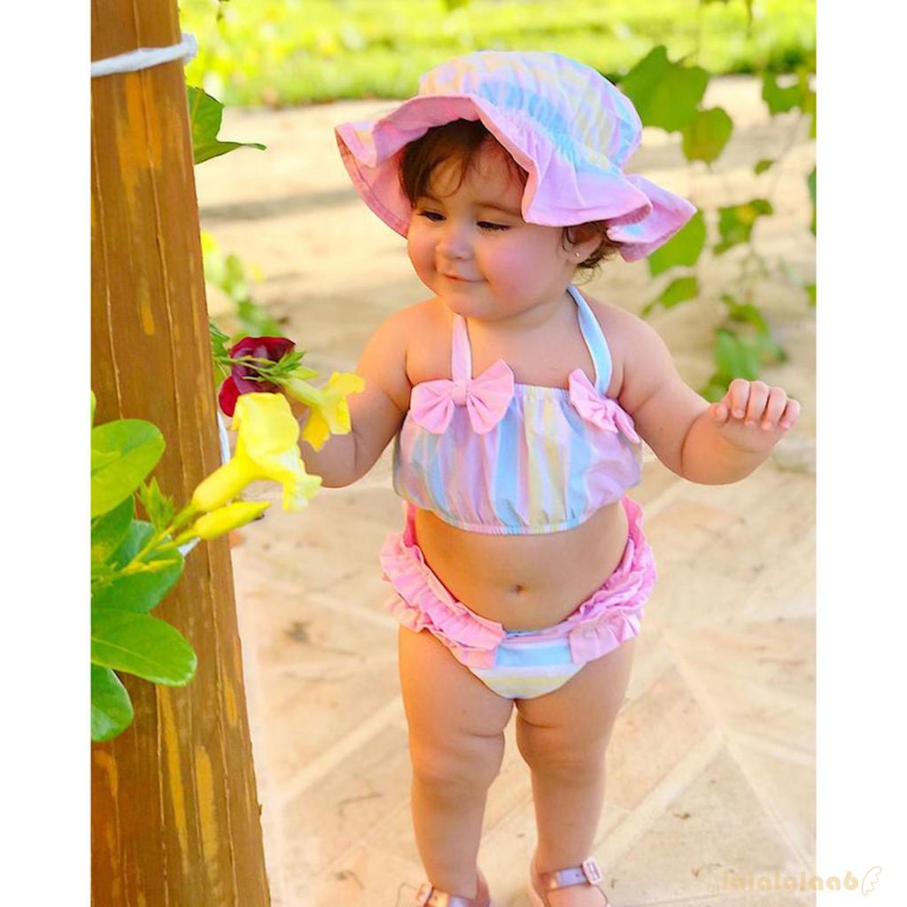 Bộ Đồ Bơi 3 Món Áo Hai Dây + Quần Short + Nón Họa Tiết Chấm Bi Cho Bé Gái 6 Tháng-4 Tuổi