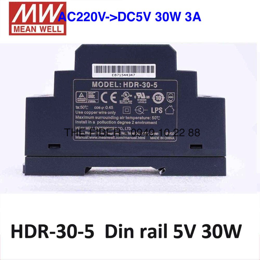 Bộ đổi nguồn điện HDR-30-5 AC220V - DC5V 30W 3A gắn thanh RAY - DIN Rail - Hãng Meanwell