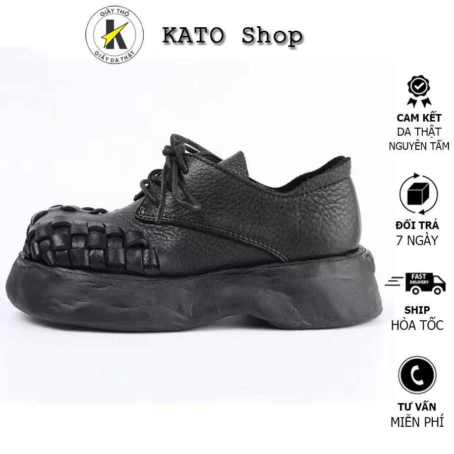Giày Oxford Nữ - Da Thật Handmade Đế Bánh Mỳ 3 Phân Cm - Retro - 2 Màu Nâu Đen - KATO Shop K662