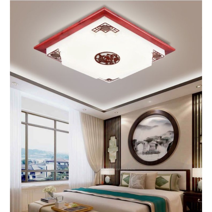 Đèn ốp trần gỗ vuông- đèn led 3 chế độ trang trí phòng khách/ phòng thờ/phòng làm việc