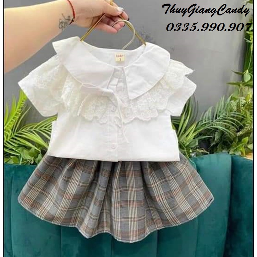 Set đồng phục học sinh áo sơmi kết hợp chân váy xếp ly cho bé gái 10-25kg