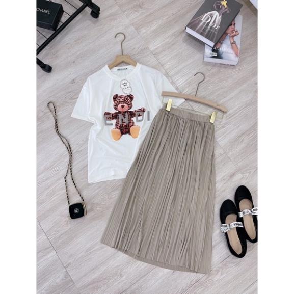 [ 𝐅𝐑𝐄𝐄 𝐒𝐇𝐈𝐏 ] SET ÁO PHÔNG GẤU MIX CHÂN VÁY DẬP LY DÁNG DÀI SIÊU XINH