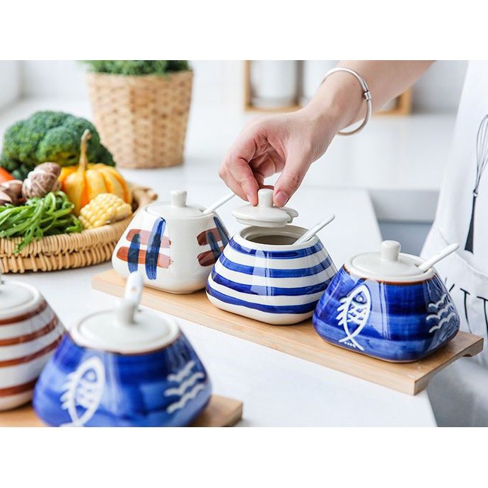 Bộ 3 lọ đựng gia vị bằng sứ phong cách Nhật bản Tặng kèm muỗng