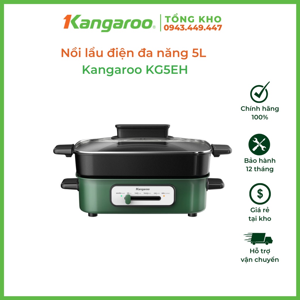 Nồi lẩu điện Kangaroo KG5EH 5L, công suất cao và điều khiển trượt dễ dàng, có thể nướng, BH 12 tháng