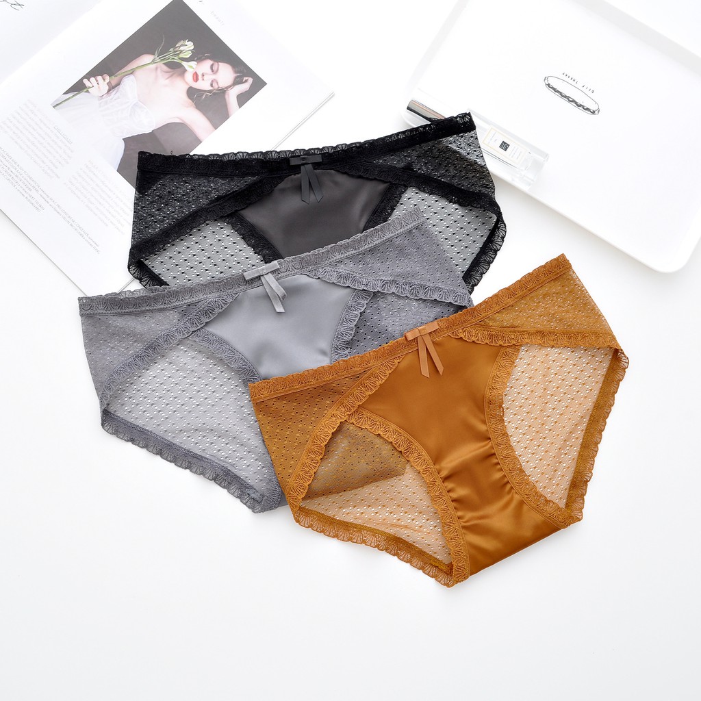 Quần lót ren lưới đính nơ vạt chéo Chunxuu, chất liệu Cotton kháng khuẩn cao cấp - QC05