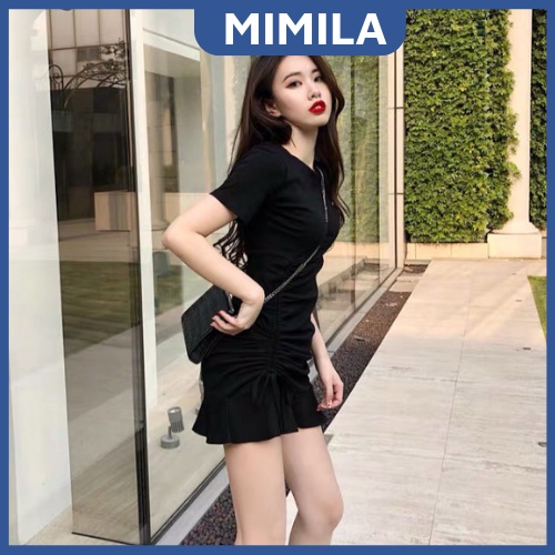 Đầm Body Thời Trang MIMILA Tay Ngắn Dây Rút, Váy Siêu Xinh Cho Nữ Màu Đen Và Xám - MBD022