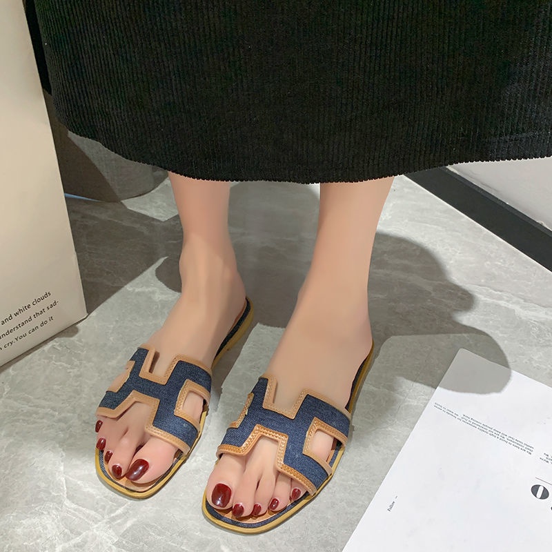 Oeggeo shop Dép Lười Denim Đế Phẳng Khâu Đường May Cho Nữ