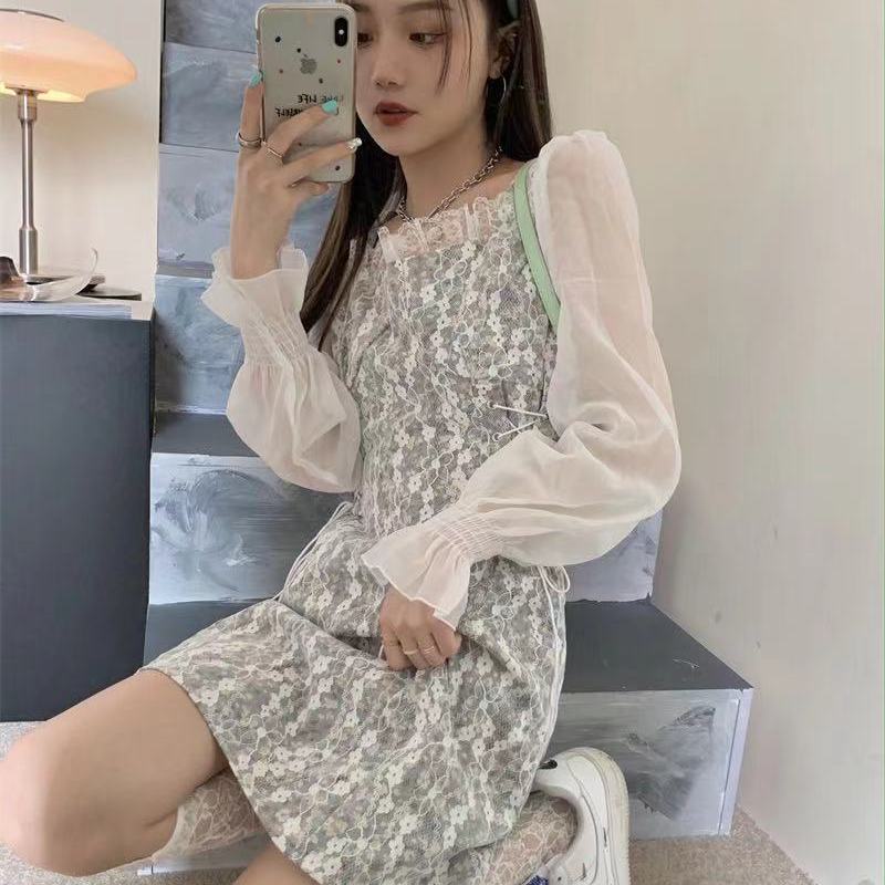 Đầm Chiffon ôm eo phối ren họa tiết hoa thời trang cho nữ