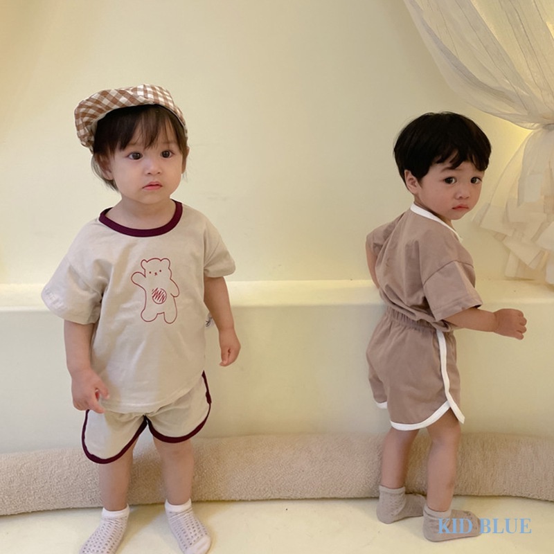 Bộ Quần Áo Cotton Mùa Hè In Hình Gấu Phong Cách Hàn Quốc Cho Bé Trai Và Bé Gái
