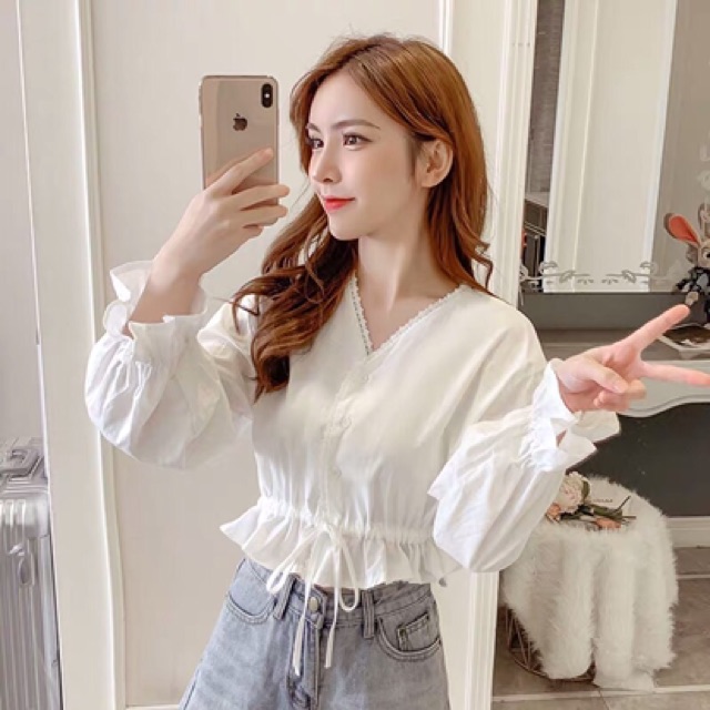 Áo voan kiểu nút gài nơ eo HÀNG Y HÌNH