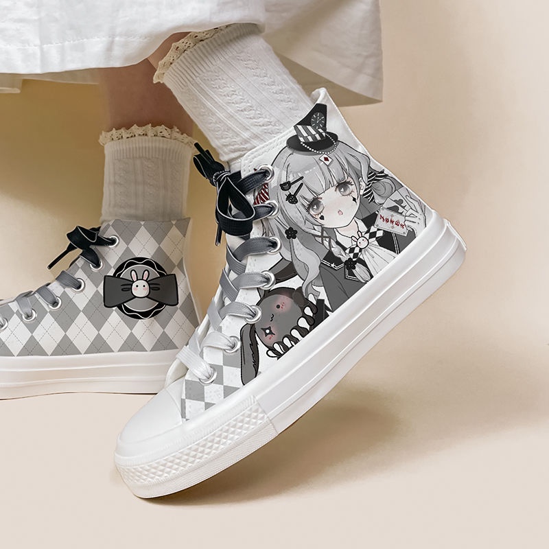 Giày Thể Thao Canvas Cổ Cao Họa Tiết Hoa Cúc Phong Cách Nhật Bản Cho Nữ Sinh