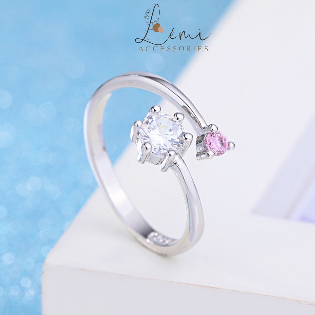 Nhẫn đôi nam nữ đính đá hồng tinh tế mạ bạc 925 có chốt thể chỉnh size phù hợp với ngón tay Lemi accessories