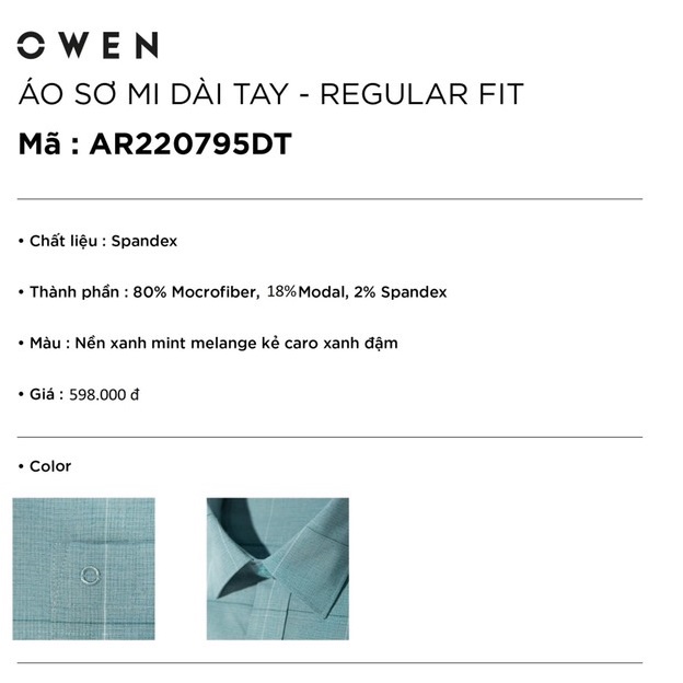 Áo Sơ Mi Nam Dài Tay OWEN AR220795DT Somi Công Sở Vải Microfiber Cao Cấp Màu xanh mint kẻ caro xanh đậm Dáng Regular Fit
