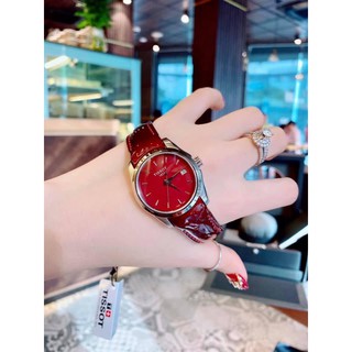 Đồng hồ  nữ đỏ mận khóa thông minh mặt tròn dây da- Bảo hành 12 tháng -Tặng kèm pin