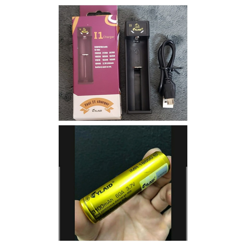 sạc pin một khe cylaid + kèm pin cylaid 18650 vàng,3100 mAh,60A, 3,7V