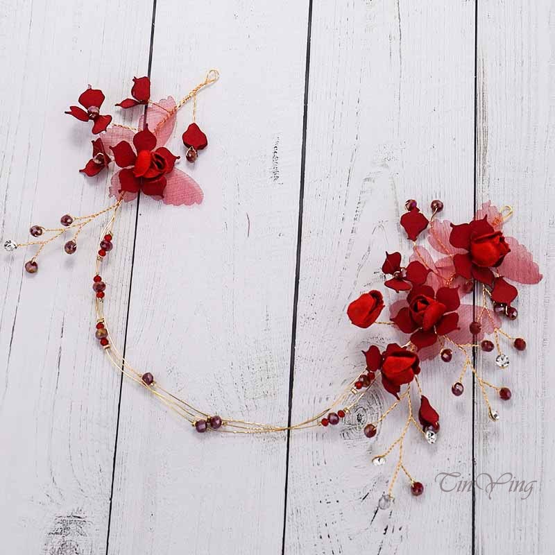 Băng đô cài tóc GETNOIVAS hình lá cây bằng hợp kim màu đỏ thời trang cho cô dâu