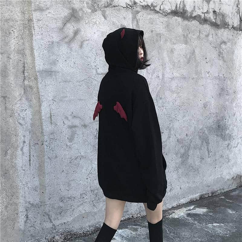 Áo Hoodie Dáng Rộng In Hình Sừng Quỷ Dễ Thương Phong Cách Punk Gothic Cho Nữ