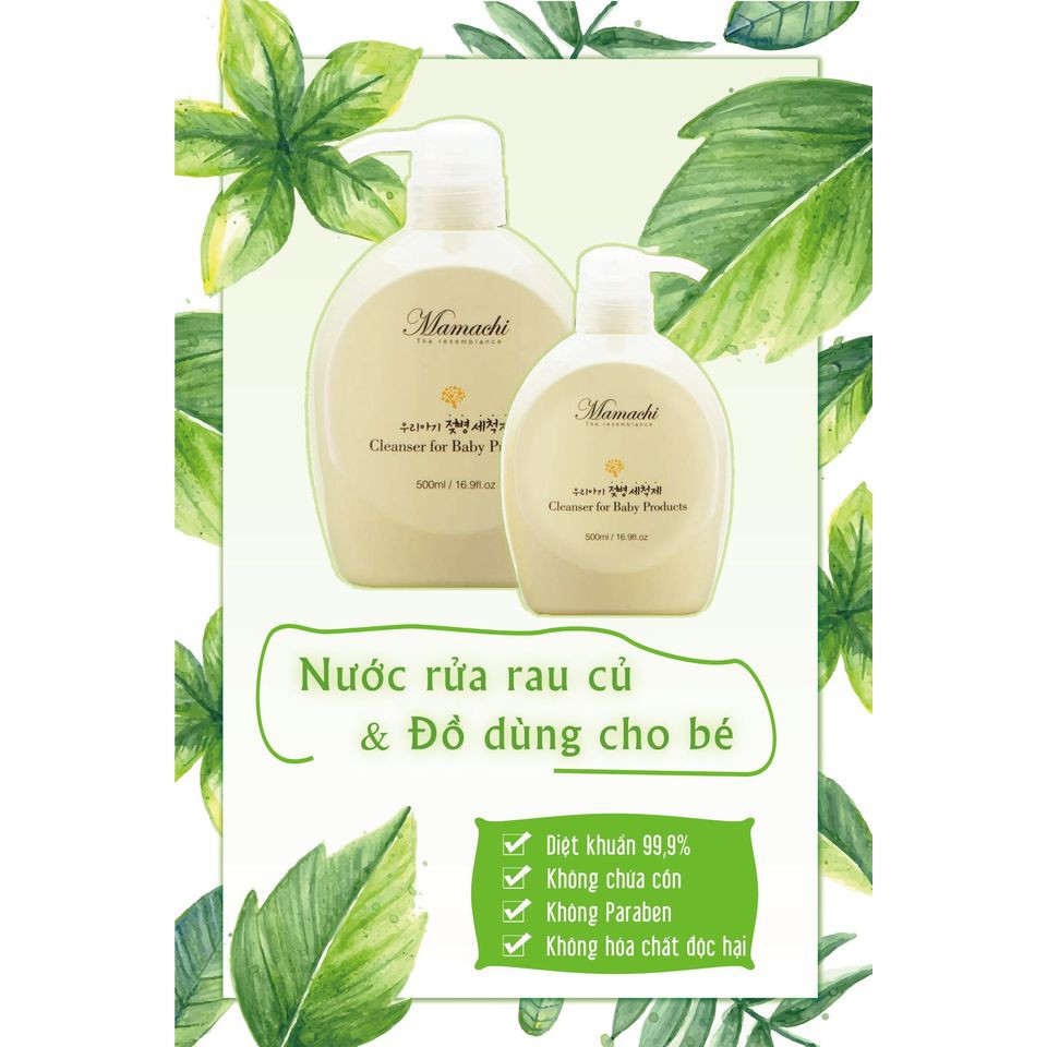 Nước rửa bình sữa và rau củ cho bé Mamachi Hàn Quốc 500ml, nước rửa đa năng diệt khuẩn