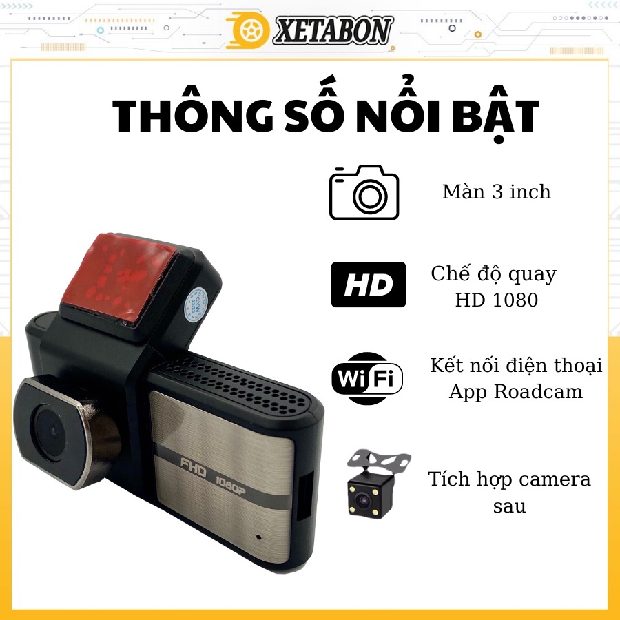 Camera hành trình ô tô W3 Xetabon kết nối điện thoại, tích hợp cam lùi, phân giải fullHD 1080 siêu nét BH 12 tháng