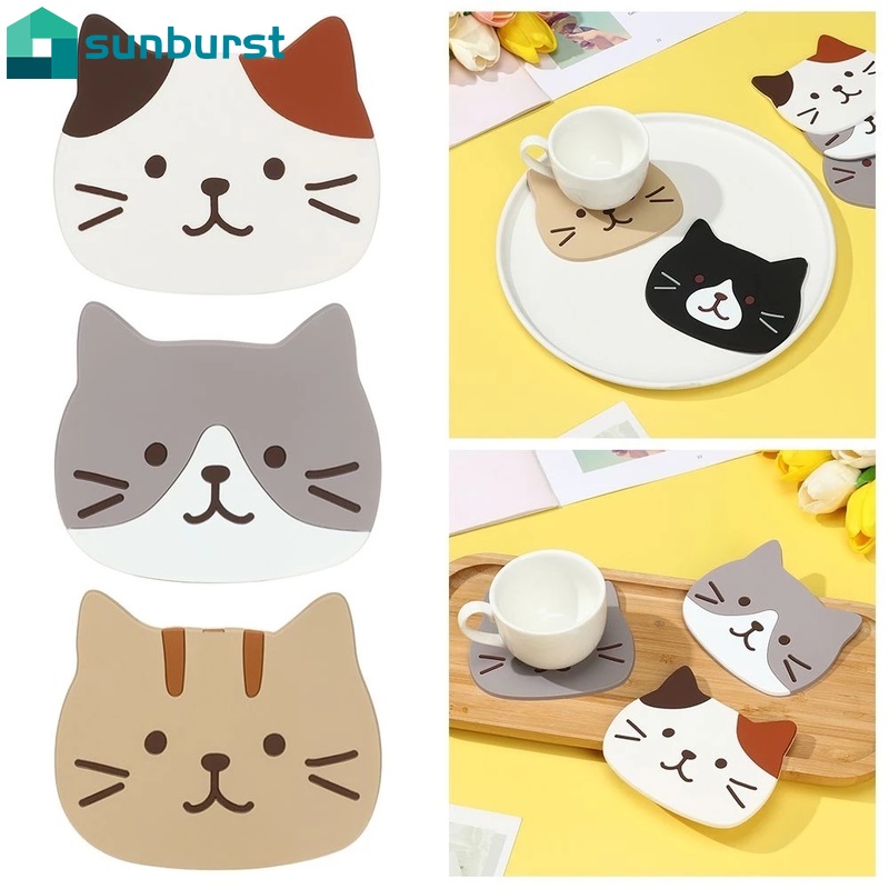 Tấm Lót Cốc Cà Phê Mềm Chống Trượt Chống Bỏng Thiết Kế Hình Đầu Mèo Sáng Tạo Tiện Dụng Dành Cho Gia Đình