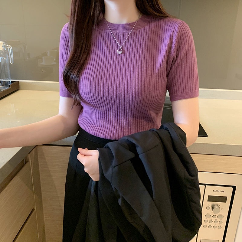 Áo Sweater Dệt Kim Tay Ngắn Cổ Tròn Dáng Ôm Thời Trang Mùa Hè 2022 Mới