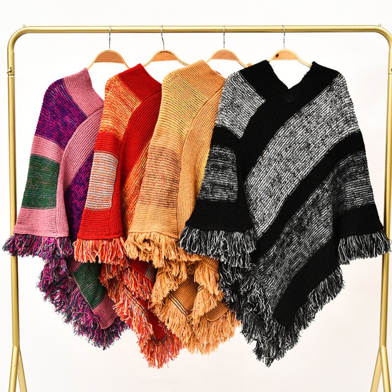 Áo Choàng Dệt Kim Chui Đầu Họa Tiết Kẻ Sọc Phối Tua Rua Màu Sắc Dân Tộc Cho Nữ | BigBuy360 - bigbuy360.vn
