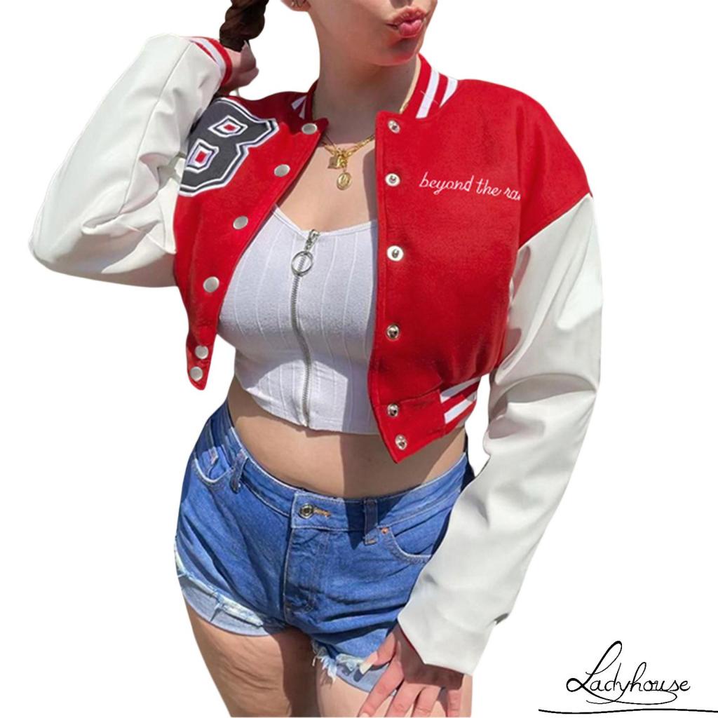 Áo khoác da lửng tay dài dáng rộng thêu chữ cá tính cho nữ