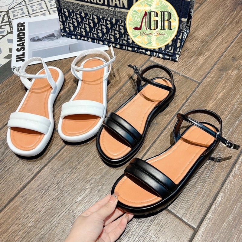Sandal quai ngang phồng viền lót nâu cao 2cm