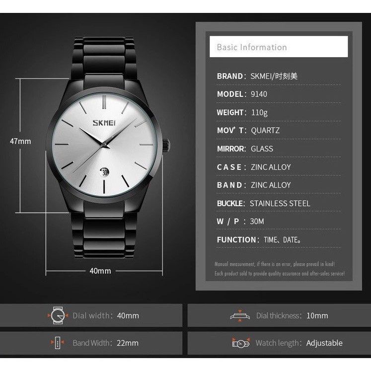 Đồng hồ nam SKMEI 9140 mặt tròn 40mm dây thép đen không ghỉ cao cấp có lịch ngày kính chống xước chống nước tuyệt đối