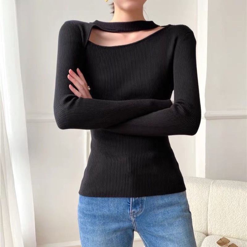 Áo len tăm cổ chéo chất dày nữ tính phong cách Ulzzang