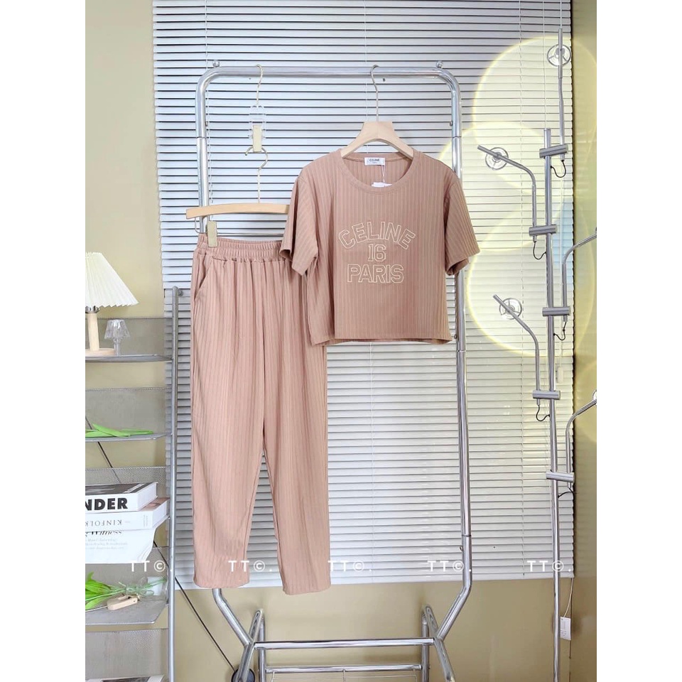 Đồ bộ nữ, set đồ bộ quần baggy đai cao có túi và áo croptop ngắn tay form rộng THÊU CHỮ vải thun cotton gân borip dày