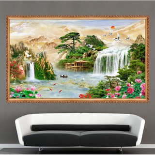 Tranh lụa dán tường 3D thác nước - vải lụa phủ kim sa (Kích thước theo yêu cầu)