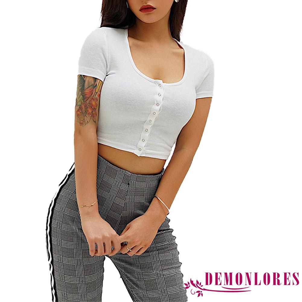 Áo croptop cổ tròn màu trơn dáng ôm quyến rũ cho nữ