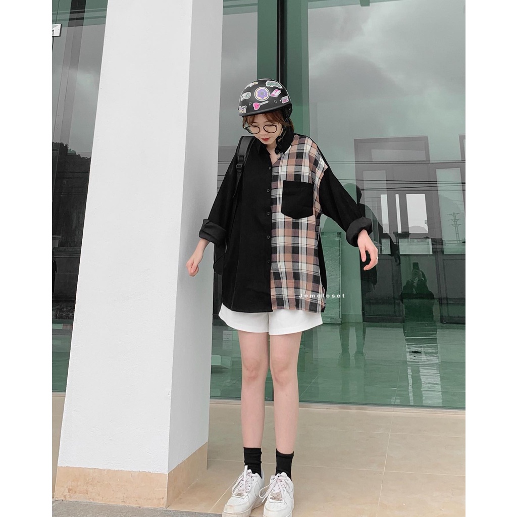 Áo Sơmi Tay Dài Nữ Jem Closet Kẻ Caro Chất Liệu Nhung Tăm Shell  2 Màu Đen Trắng Phong Cách Ulzzang Hàn Quốc- 10015