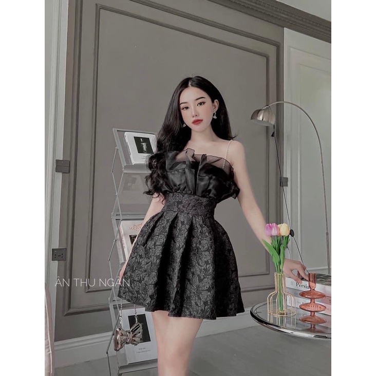 Đầm nữ hoa xốp nổi 2 dây trễ vai dây ngọc siêu hot đầm thiết kế dự tiệc MIVOSA 066
