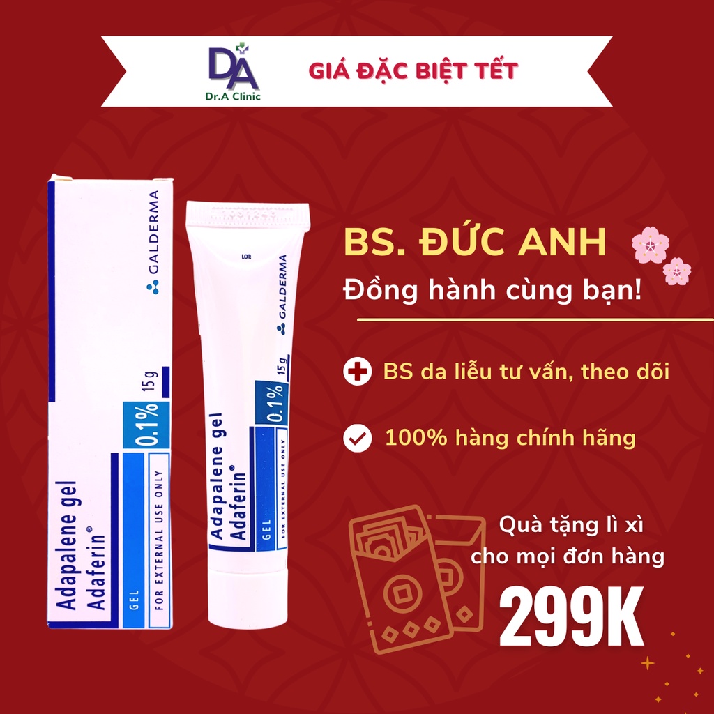 Adapalene Gel 0.1 Adaferin Chính Hãng Dr.A Clinic giúp giảm mụn ẩn mụn trứng cá mụn đầu đen hiệu quả