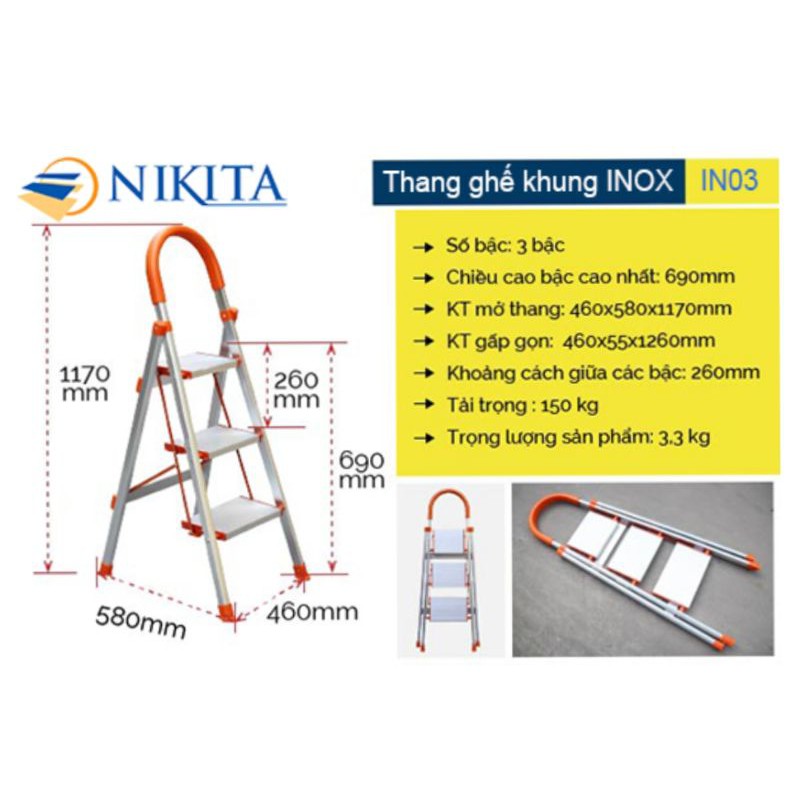 Thang ghế 3 bậc inox Nikita NKT-IN03