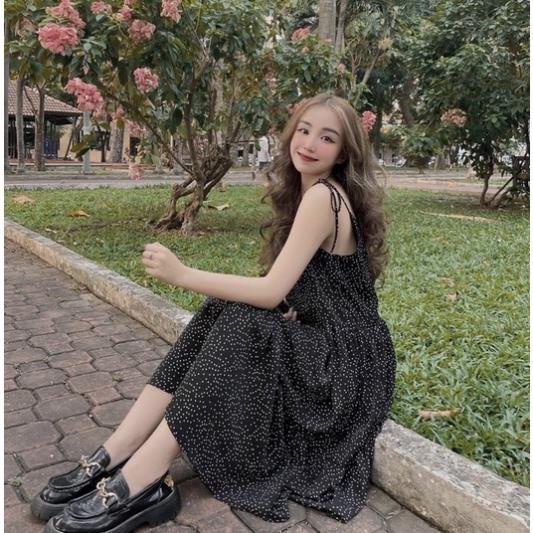 Váy Maxi 2 Dây Chấm Bi Màu Đen Ulzzang | BigBuy360 - bigbuy360.vn