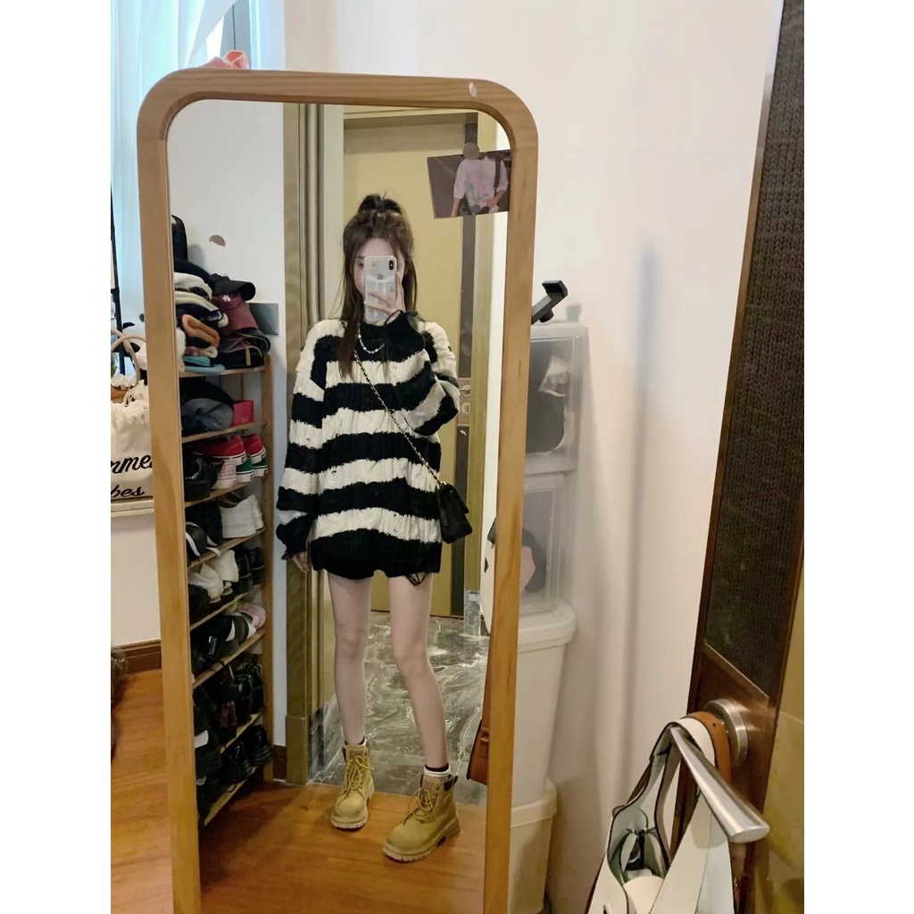 ZHELIHANGFEI Áo Len Tay Dài Form Rộng Họa Tiết Sọc Theo Phong Cách Preppy