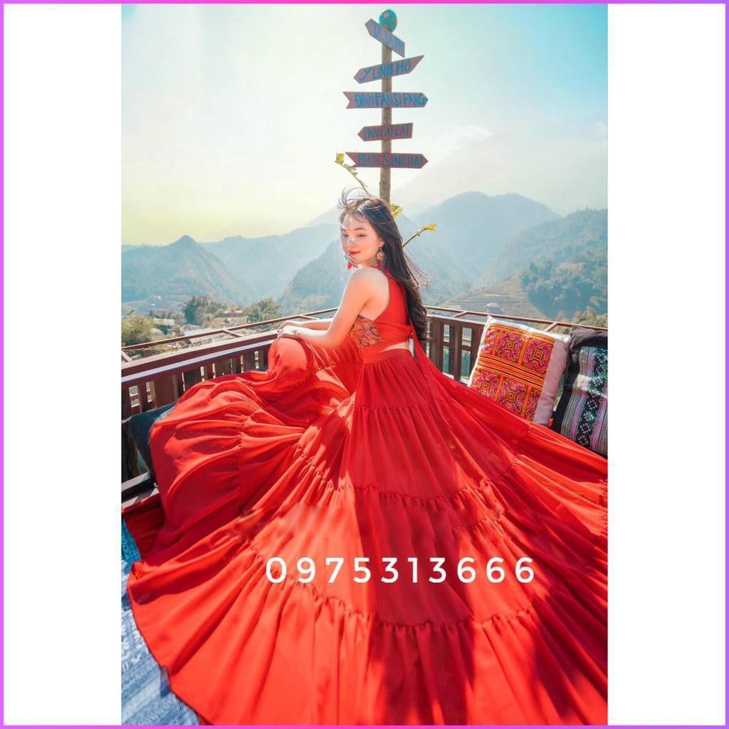 Đầm Vintage, Váy Maxi Đi Biển V112, Chất Lụa Mềm Mát, Màu Đỏ Phối Thổ Cẩm, Siêu Phẩm Của Tín Đồ Sống Ảo, Mẫu Mới 2021